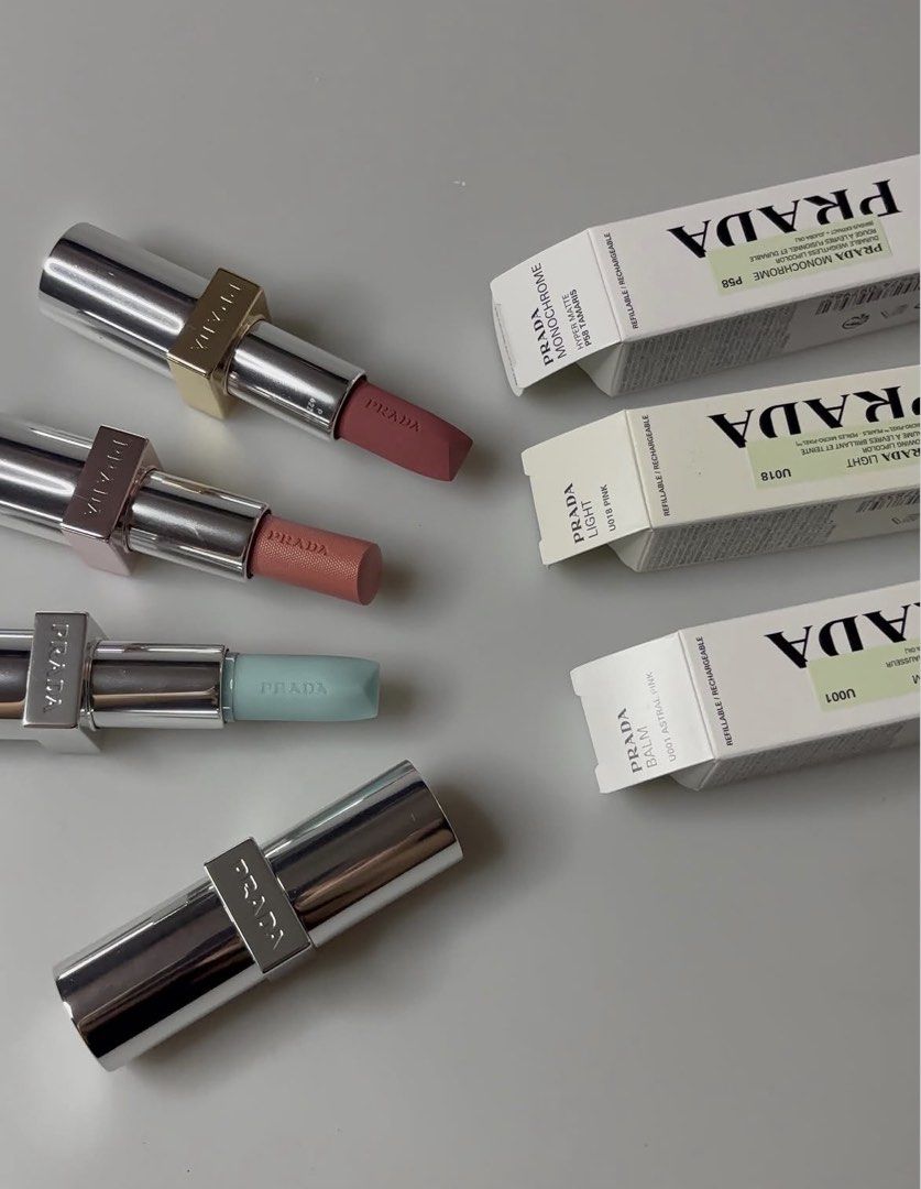 Prada Lipstick (Category: Makeup) located in Bulacan. Submitted by shopwithme_23 (Listing ID 1442887509, Image 1). Description: 💯authentic (money back guaranteed if proven fake) ✅with box Shades: Glowing lip color | U018 Pink - ₱2,600 Monochrome Hyper Matte | P58 Tamaris - ₱2,900.