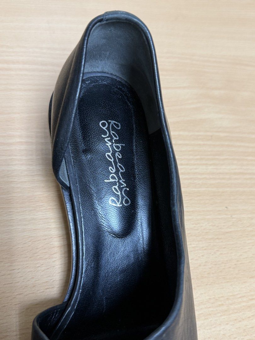 Rabeanco Black Leather D'Orsay Heels (Category: Heels) located in Manila. Submitted by iloveyouna_ (Listing ID 1442822923, Image 3). Description: - Brand: Rabeanco - Style: D'Orsay heels - Material: Black Leather - Toe: Pointed - Heel Height: Low - Size: 38 - Origin: Made in Italy - Condition: Some creasing on leather, soles show wear..