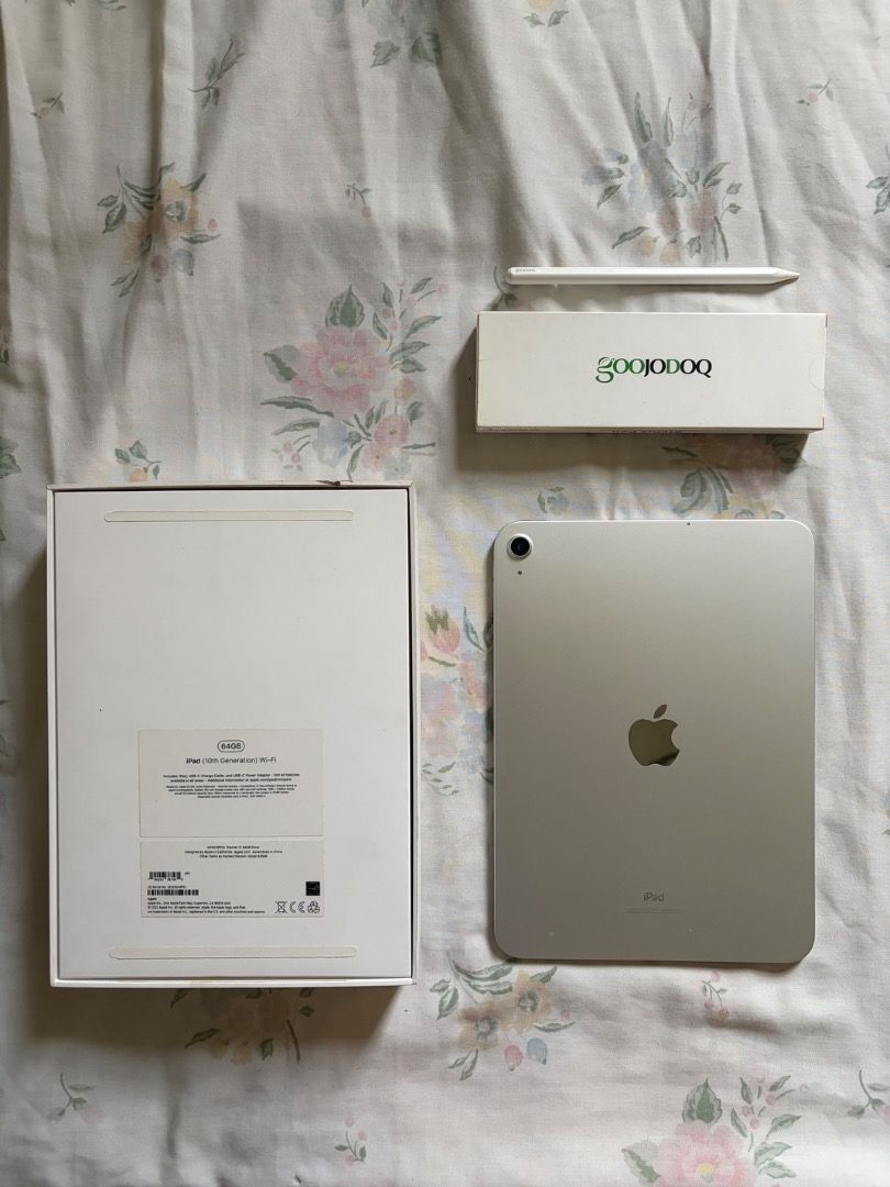 iPad 10th Generation (64 GB, Wi-Fi) with Pencil (Category: iPad) located in Quezon City. Submitted by silverdeclutters (Listing ID 1442754175, Image 1). Description: Complete specs: https://support.apple.com/en-ph/111840 Includes: - Original box - Original charger (brick and cable) - Pre-loved Goojodoq iPad Pencil (with charging cable) Condition: - Good condition. I used it throughout college and took good care of it. - The charging brick and cab