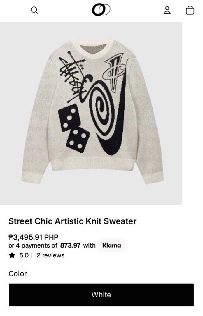 RUSH! STUSSY White Knit Sweater (Category: Coats, Jackets and Outerwear) located in Cavite. Submitted by zscknhmiera (Listing ID 1442733111, Image 1). Description: used once only no issues personal fav hard to let go!! 🥺 orig price is 3,495 (first slide) .