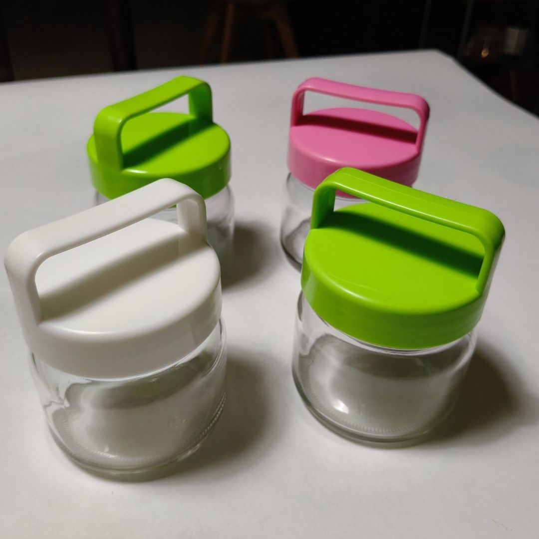 Set of 4 Glass Jars with Lids - Assorted Colour Lids (Read listing & reply accordingly)