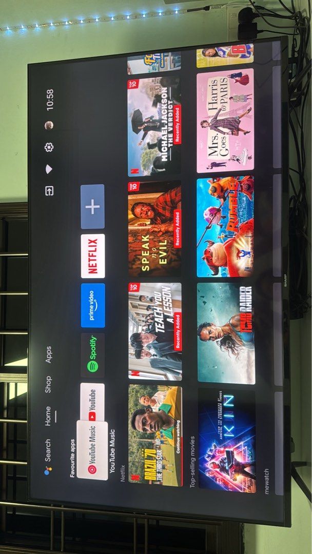 Sharp Smart TV (Category: TV) located in Singapore. Submitted by professional_hairstylist (Listing ID 1442851597, Image 1). Description: - Sharp Smart TV - Pre-installed apps: Netflix, Prime Video, Spotify, YouTube - User-friendly interface - Ideal for streaming movies & shows - Ready for a new home - take and go - no scratches .