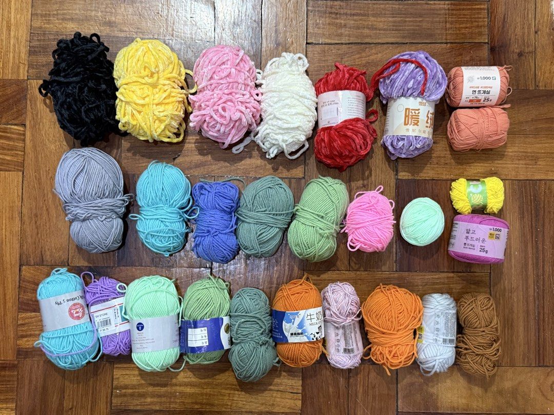 (TAKE ALL) Assorted Yarn Skeins for Knitting and Crocheting (Category: Craft Supplies & Tools) located in Caloocan City. Submitted by oceans18 (Listing ID 1442852608, Image 1). Description: - Bundle of assorted yarns perfect for knitting and crochet projects. - Includes soft velvet yarns in black, yellow, pink, white, red, and purple. - Also includes acrylic yarns in grey, teal, blue, green, and light blue. - Variety of colors and textures to spa