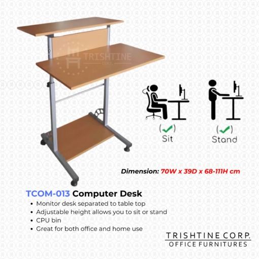 TCOM-013 | Adjustable Computer Table (Category: Tables & Sets) located in Caloocan City. Submitted by jimtapitan_trishtinecorp. (Listing ID 1442771992, Image 1). Description: - Adjustable height computer desk: Use while sitting or standing. - Separate monitor desk: Dedicated space for your screen. - Includes CPU bin: Keep your computer tower organized. - Brand: Trishtine Corp. - Dimensions: 70cm W x 39cm D x 68-111cm H - Perfect for home or offic