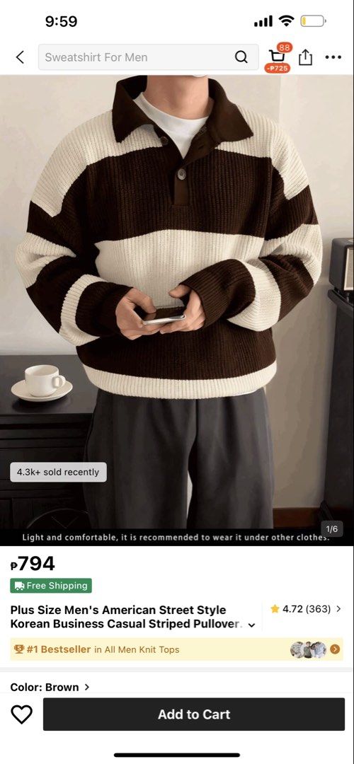 Sweatshirt Unisex Striped Pullover (Category: Coats, Jackets and Outerwear) located in Manila. Submitted by calified (Listing ID 1442873478, Image 1). Description: Used ONCE only!! - Korean business casual style - Light and comfortable - Striped pullover, great for layering - Color: Brown and cream - Pairs well with casual pants - Ideal for everyday wear.