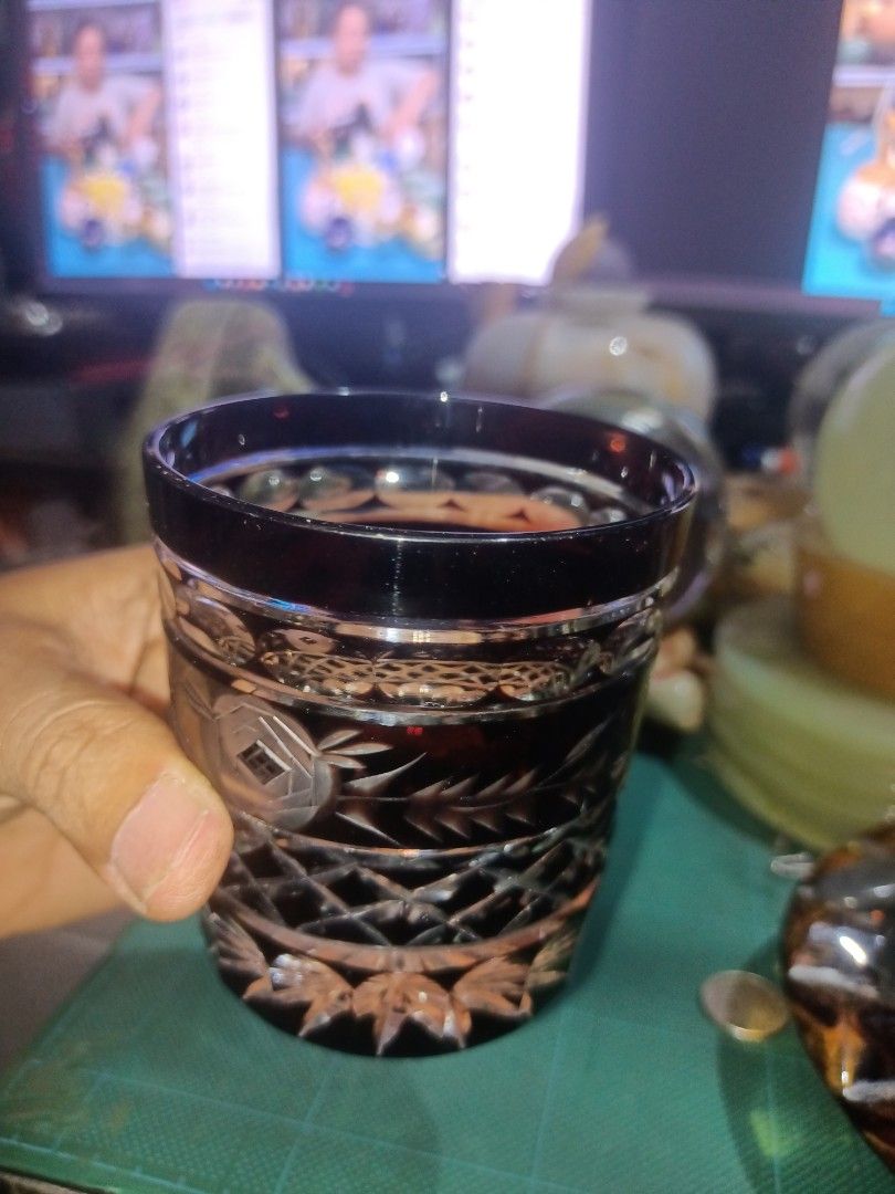 Vintage Edo Kiriko Whiskey Glass (Category: Water Bottles & Tumblers) located in Munoz. Submitted by larryc1212 (Listing ID 1442742254, Image 3). Description: - Beautiful dark amber cut glass tumbler. - Features intricate geometric and floral etched patterns. - Starburst design on the base. - Ideal for whiskey or any beverage. - Adds sophistication to your barware. - Approximately 4 inches tall. .