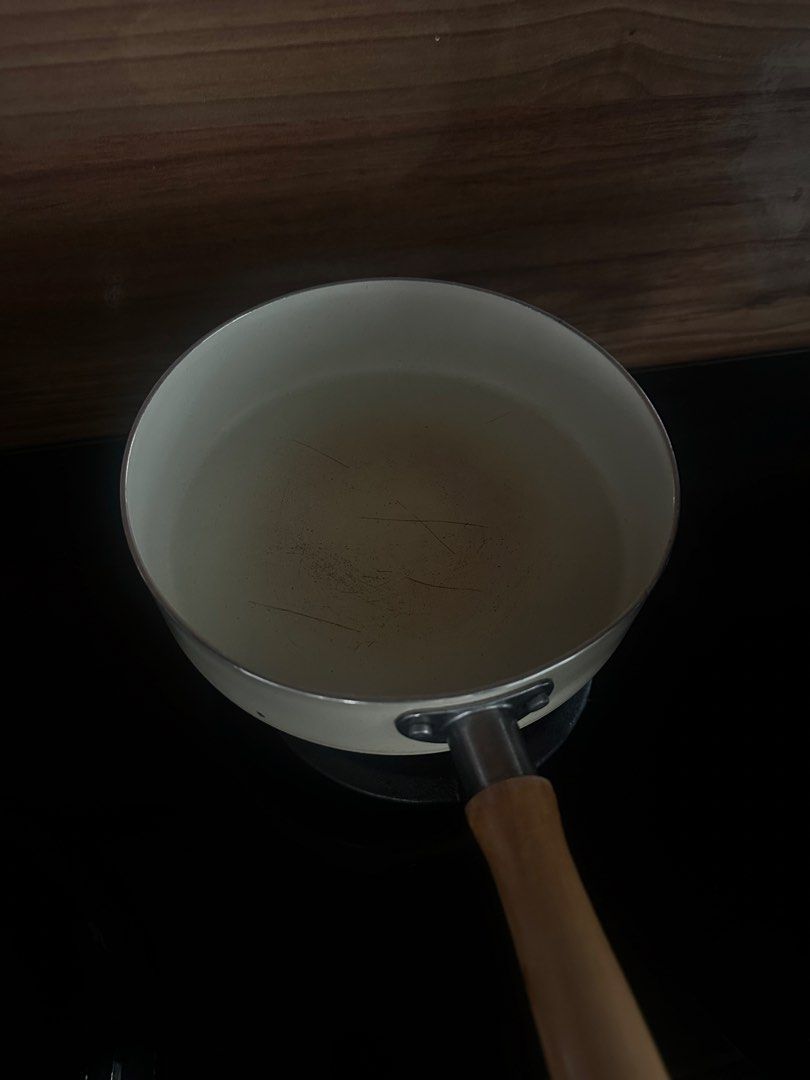 White Enamel Saucepan with Wooden Handle
