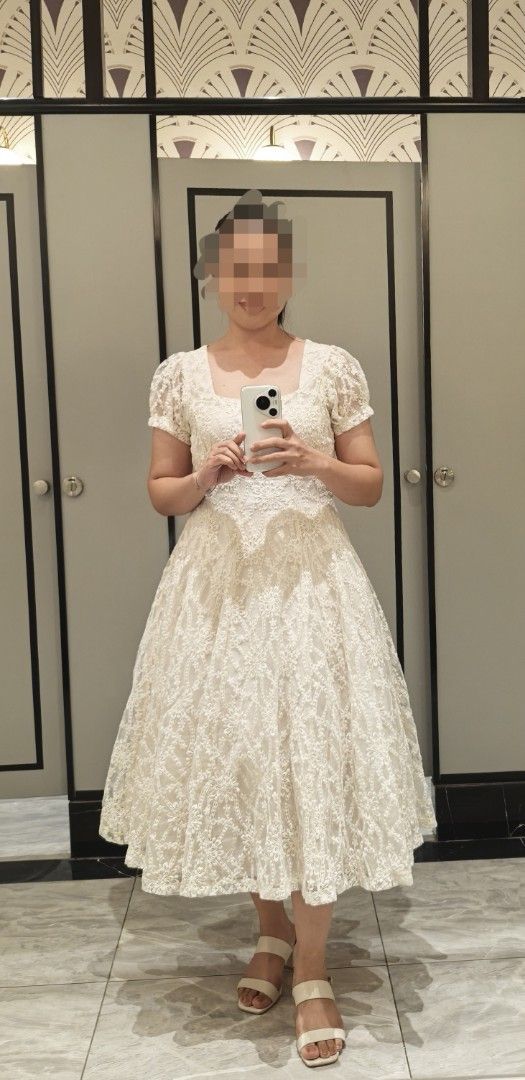 White Lace Dress with Square Neckline (Category: Dresses) located in Meycauayan. Submitted by donna_dco (Listing ID 1442767593, Image 1). Description: - White lace midi dress - Short puff sleeves - Flattering square neckline😍 📌📌📌 Free petticoat for more elegant look.
