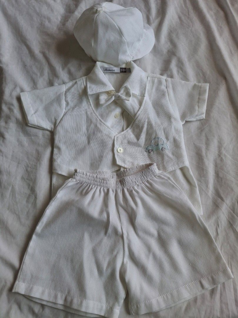 White set with cap (Baptismal) (Category: Babies & Kids Fashion) located in Dasmarinas. Submitted by declutterstuffs5738 (Listing ID 1442752892, Image 2). Description: White set with cap - used only once during baptismal - 3 to 6 months - Brand: little basics (SM dept) - with small stain pero sa likod naman P200.00 📍Location: Dasma, Cavite 💳 Payment FIRST. Option: GCash, Maya, BPI 🚚 Courier: Lalamove or if you have a preferred courier Delivery