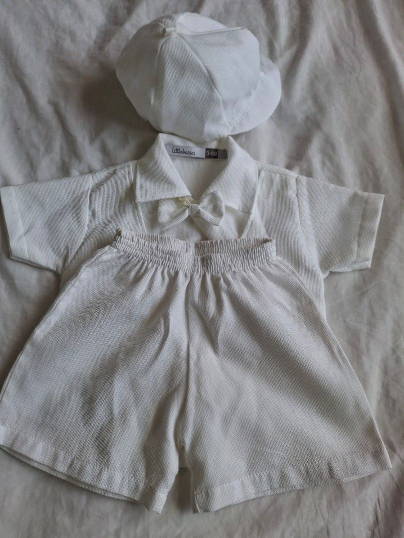 White set with cap (Baptismal) (Category: Babies & Kids Fashion) located in Dasmarinas. Submitted by declutterstuffs5738 (Listing ID 1442752892, Image 1). Description: White set with cap - used only once during baptismal - 3 to 6 months - Brand: little basics (SM dept) - with small stain pero sa likod naman P200.00 📍Location: Dasma, Cavite 💳 Payment FIRST. Option: GCash, Maya, BPI 🚚 Courier: Lalamove or if you have a preferred courier Delivery