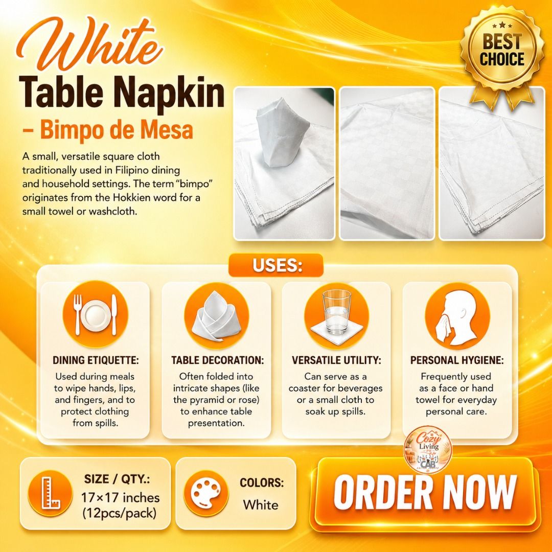 White Table Napkin - Bimpo de Mesa (Category: Table Linen & Textiles) located in Manila. Submitted by golden888onlineshop (Listing ID 1442856239, Image 1). Description: White Table Napkin - Bimpo de Mesa A small, versatile square cloth traditionally used in Filipino dining and household settings. The term "bimpo" originates from the Hokkien word for a small towel or washcloth. Uses: ✅ Dining Etiquette: Used during meals to wipe hands, lips, and f