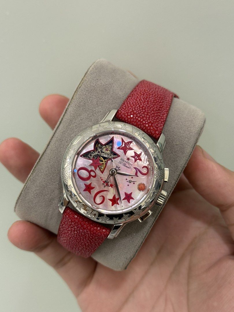 Zenith Sea Open El Primero ladies (Category: Luxury Watches) located in Makati City. Submitted by daviddd26 (Listing ID 1442833468, Image 2). Description: Zenith Star Sea Open El Premiro Dial color Pink with Red Highlights 40mm case diameter Strap: Leather - Red Sharkskin Movement : Automatic chronograph Crystal : Sapphire anti reflective Inclusion: Watch Only Price : ₱220,000 Negotiable🙏 .