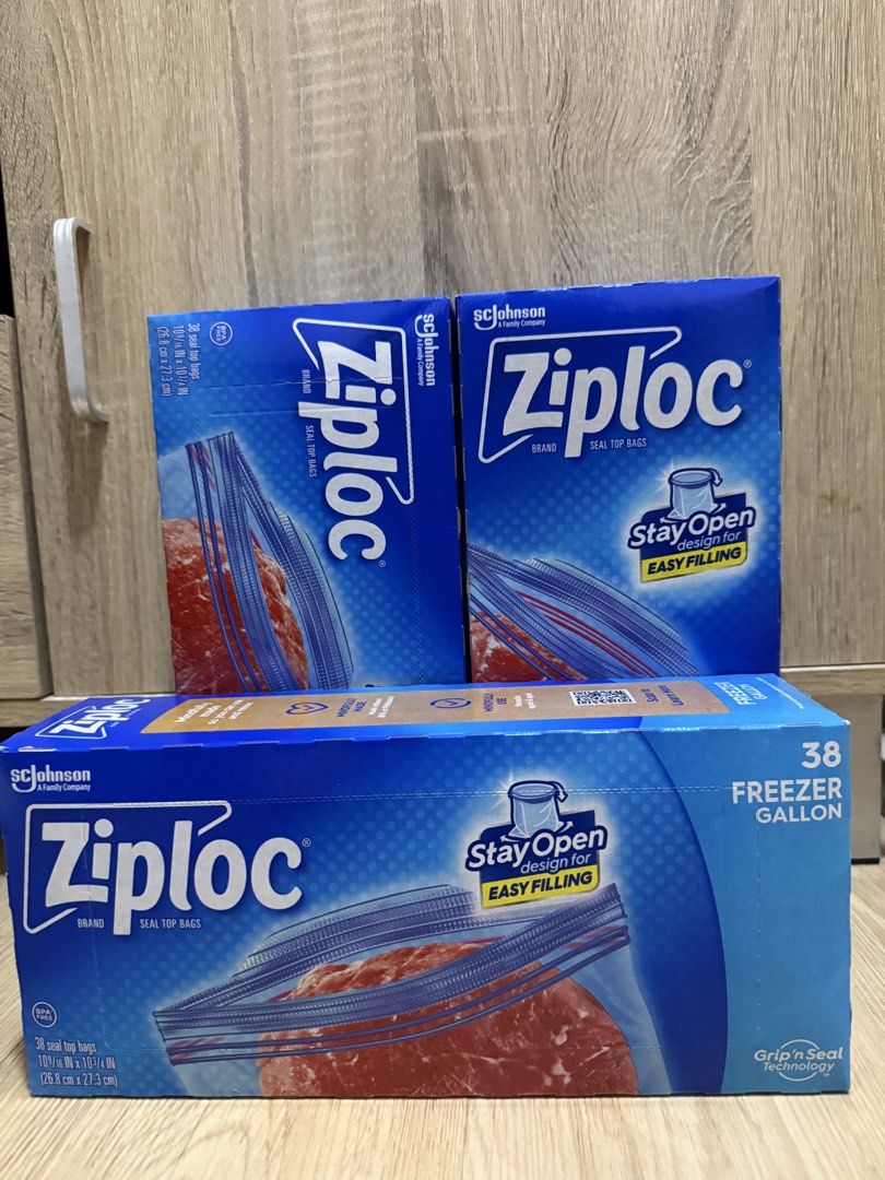 Ziploc Gallon Freezer Bag- 38 (Category: Food Organization & Storage) located in Manila. Submitted by ririsells_ (Listing ID 1442901049, Image 2). Description: - Ziploc Gallon Freezer Bags - 38 pieces per pack - "Stay Open" design for easy filling - "Grip 'n Seal" technology locks in freshness - Ideal for storing meat and other food items - Brand new, unopened boxes.