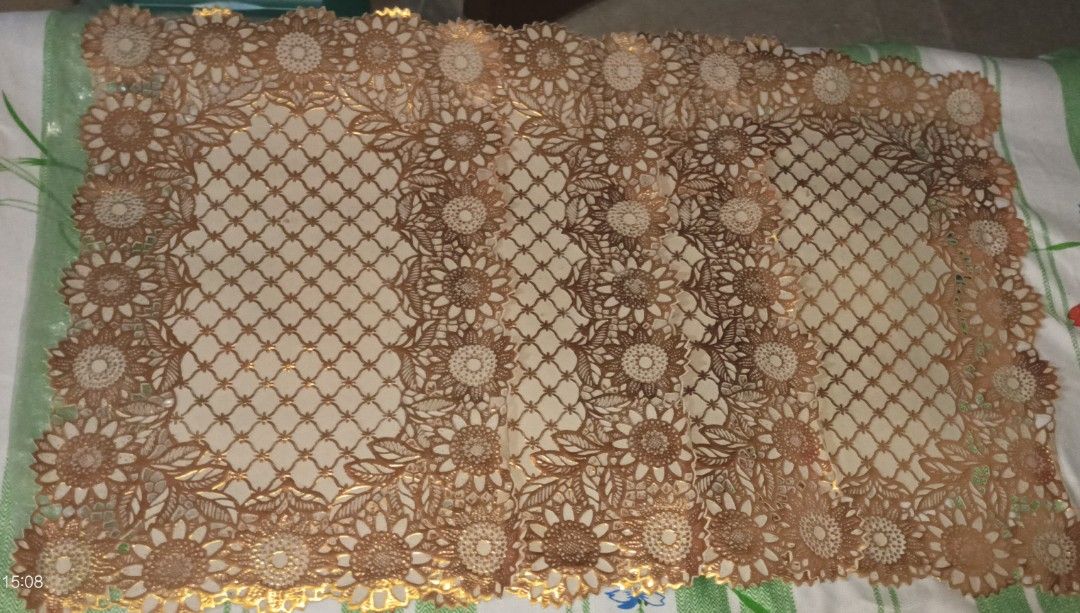 4 pcs Lace Table Mat with Floral and Net Pattern (Category: Table Linen & Textiles) located in Muntinlupa City. Submitted by marim45981 (Listing ID 1446977424, Image 1). Description: - Beautiful floral border and delicate net pattern. - Enhances any table setting with a touch of elegance. - Ideal for special occasions, parties, or everyday use. - Adds a lovely decorative accent to your home..