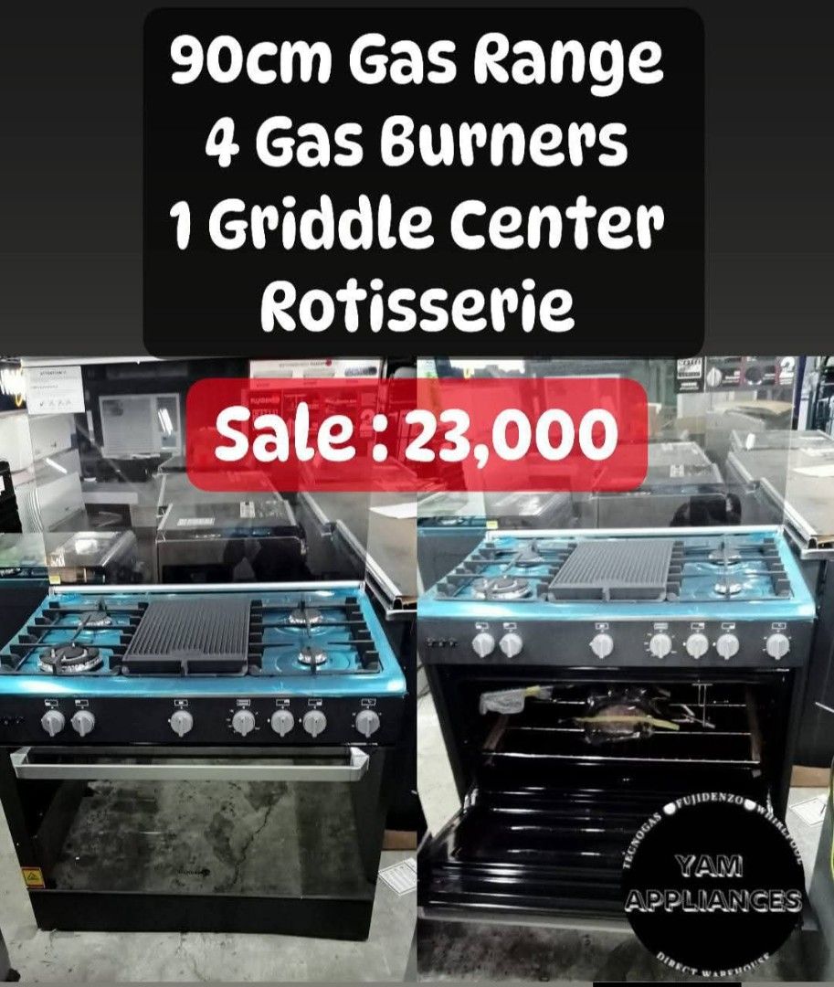 90cm Gas Range with Griddle Center (Category: Cookers) located in Caloocan City. Submitted by yam_appliances (Listing ID 1446946605, Image 1). Description: 90cm 4gas burners 1griddle center rotisserie big oven fujidenzo brand brandnew mallpullout with warranty COD PAYMENT.