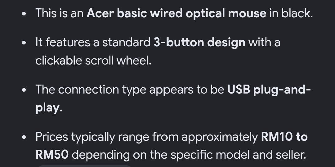 Acer basic wired optical mouse (Category: Mouse & Mousepads) located in Kuala Selangor. Submitted by radiomoviespace (Listing ID 1446946043, Image 2). Description: description in the photo.
