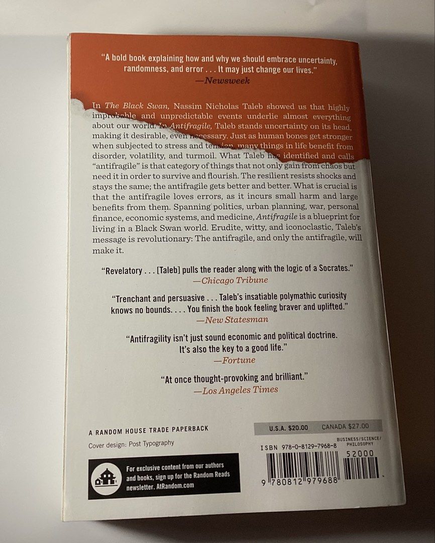 Antifragile: Things That Gain From Disorder by Nassim Nicholas Taleb (Category: Storybooks) located in Bacoor. Submitted by marnievera (Listing ID 1447088049, Image 2). Description: - Book Title: Antifragile: Things That Gain From Disorder - Author: Nassim Nicholas Taleb (Author of The Black Swan) - Bestseller: New York Times Bestseller - Key Concept: Explores how things benefit from shocks, volatility, and disorder. - Format: Paperback (Random H