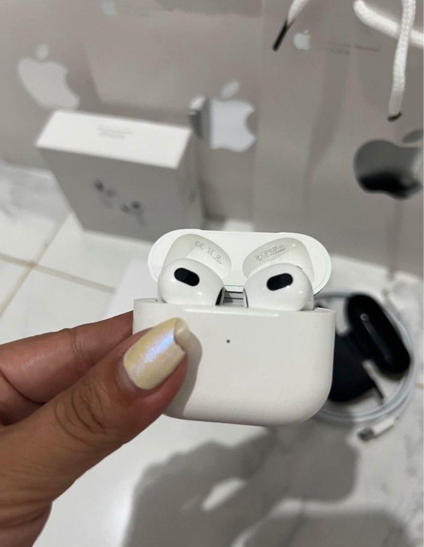 Apple AirPods 3rd Generation with case, chord and bag (Category: Earphones) located in Caloocan City. Submitted by laolaokian64149 (Listing ID 1447100188, Image 1). Description: - AirPods 3rd Generation - Includes charging case and charging cable - Original box and bag included - Recently purchased - Selling because I received a new pair - Feel free to ask any questions!.