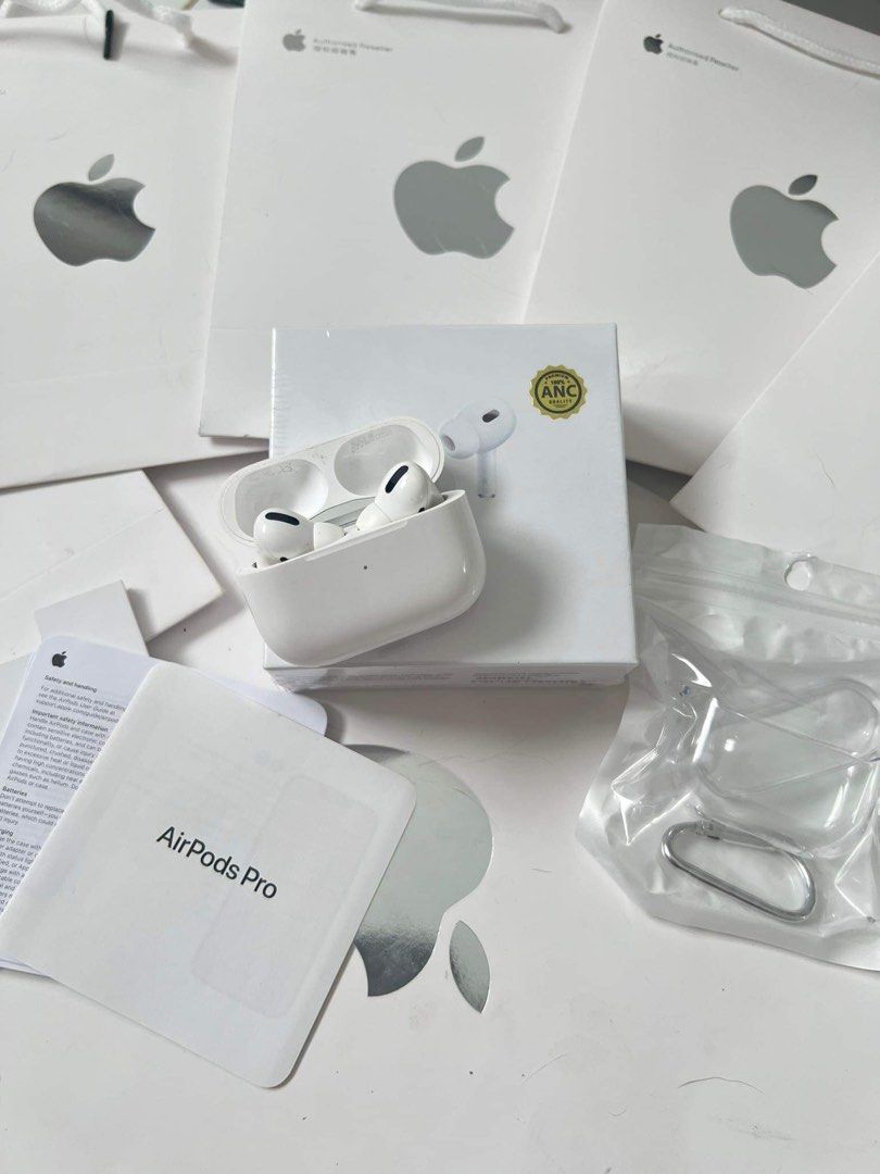 Apple AirPods Pro (2nd Generation) with case and bag (Category: Earphones) located in Caloocan City. Submitted by laolaokian64149 (Listing ID 1447100158, Image 2). Description: - Apple AirPods Pro (2nd Gen) - Includes original charging case - Original packaging and manuals included - Comes with a clear protective case - Carabiner clip also included - All items pictured are included - Ready for a new owner -We ship nationwide.