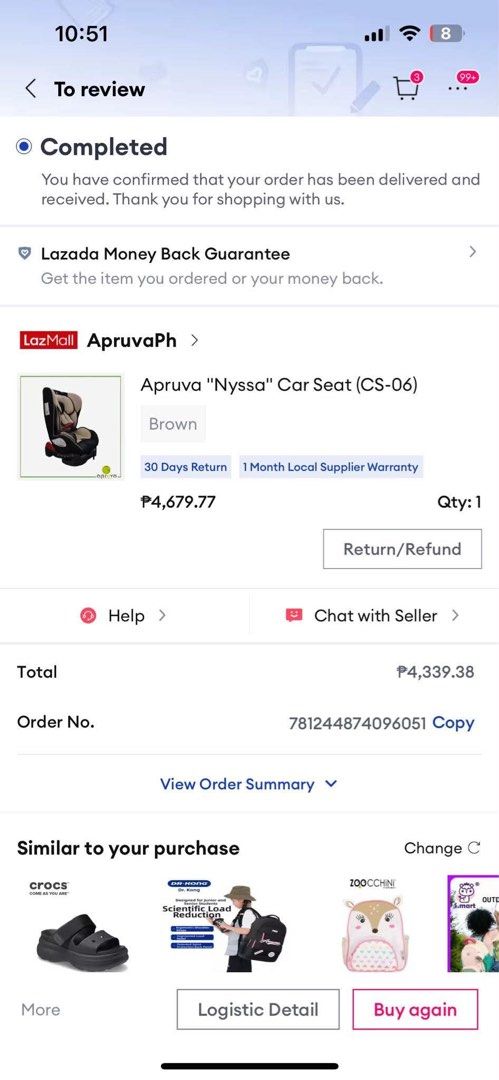 Apruva "Nyssa" Car Seat (CS-06) - Brown (Category: Car Seats) located in Marilao. Submitted by nadj11 (Listing ID 1446952313, Image 2). Description: - Apruva "Nyssa" Car Seat (Model CS-06) - Color: Brown - Features: Keeps your little one safe during travels - Warranty: 30 days return, 1 month local supplier warranty.