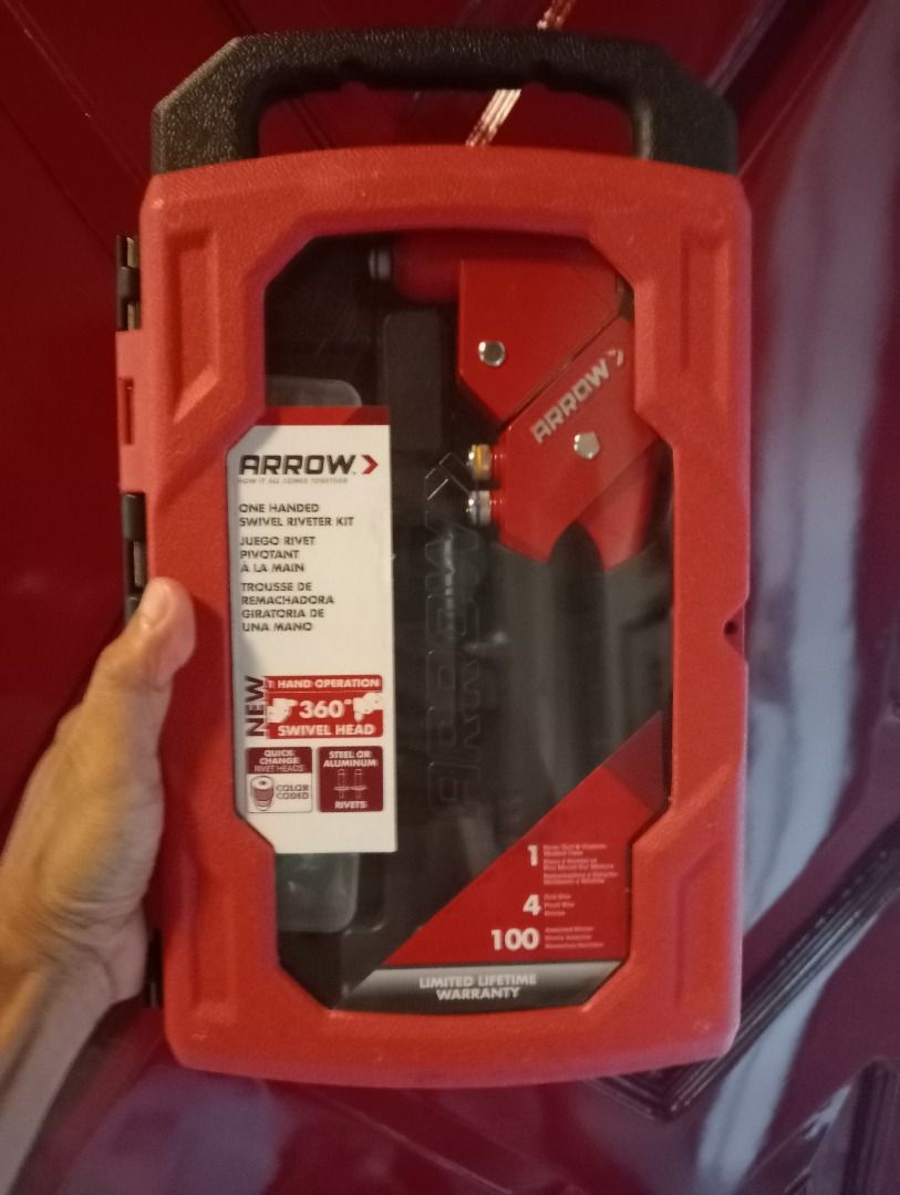 Arrow One Handed Swivel Riveter Kit (Category: Home Improvement Tools & Accessories) located in Bulacan. Submitted by forbidden69 (Listing ID 1446980317, Image 1). Description: - Arrow one-handed swivel riveter kit - Includes 22 aluminum rivets (various sizes) - Comes with 4 drill bit sizes - Swivel head design for easy maneuverability - Comfort grip handle for extended use - Limited lifetime warranty - Ideal for various DIY and repair projects.