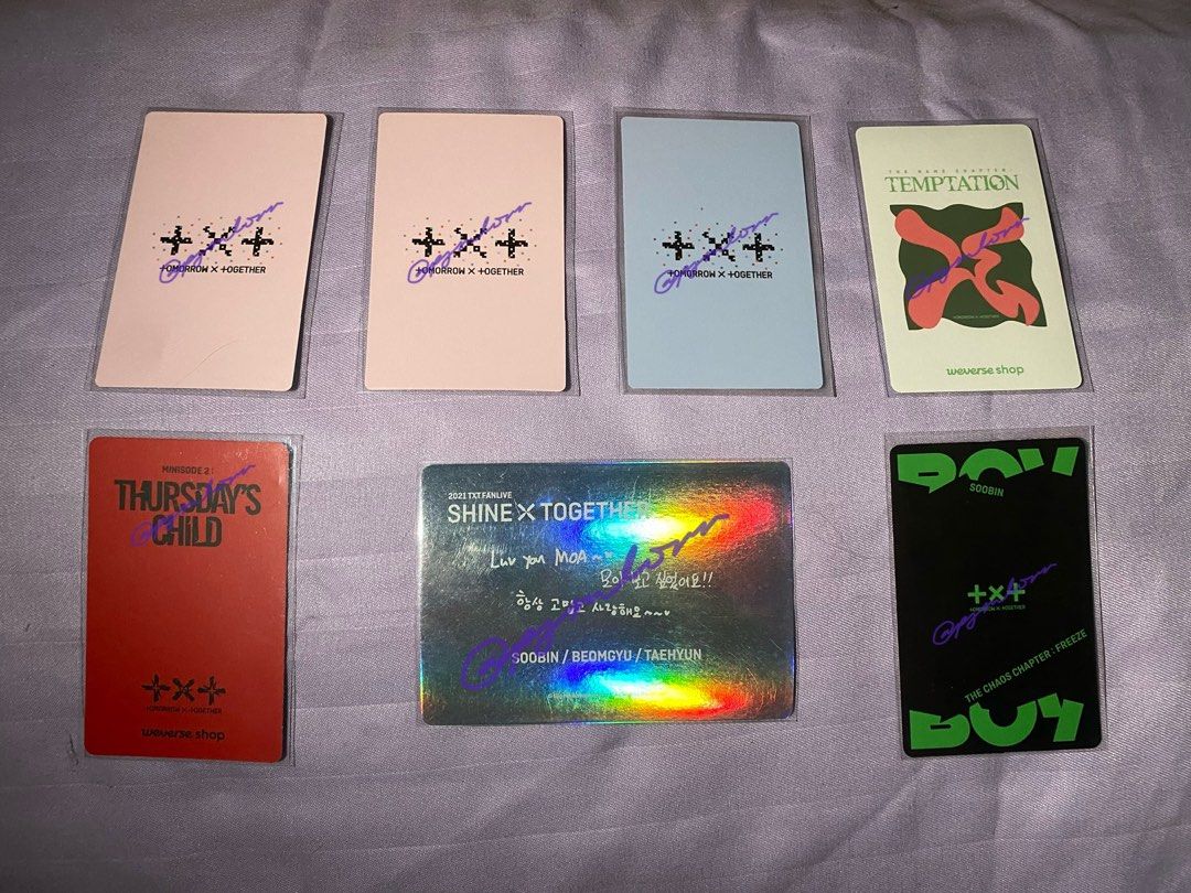 Assorted TXT Photocards (Category: K-Wave Merchandise) located in Bacoor. Submitted by deaclutter.ph (Listing ID 1447063295, Image 2). Description: onhand - can tingi / take all 1.3k - can send pc condi - cavite - can do dop (1 week) w/ dp - prio payo !! @pjmIovrr on X .