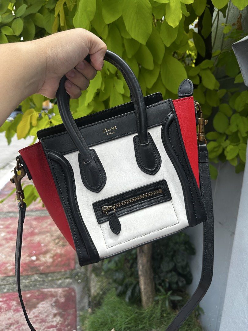 Authentic Celine Nano Luggage Tote Bag (Category: Luxury Bags & Wallets) located in Quezon City. Submitted by la.deals (Listing ID 1447031963, Image 1). Description: - Authentic Celine Nano Luggage bag - Striking black, white, and red color block design - Crafted from premium leather - Elegant gold hardware details - Versatile top handle and detachable shoulder strap - Secure front pocket with zipper closure - Compact size, ideal for carrying you