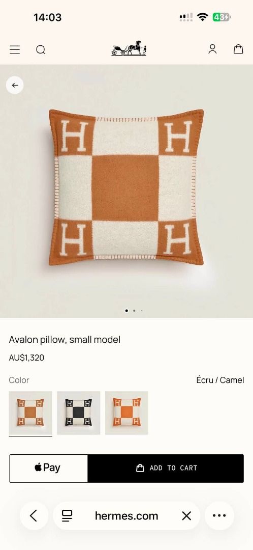 Authentic Hermes Avalon Pillow (Category: Luxury Accessories) located in Taguig. Submitted by curatedbyb.ph (Listing ID 1447039590, Image 3). Description: Authentic Hermes Avalon Pillow Unused condition (gold,dark grey,blue printed ) Php 25,000 (each) Inclusions: dustbag and paperbag.