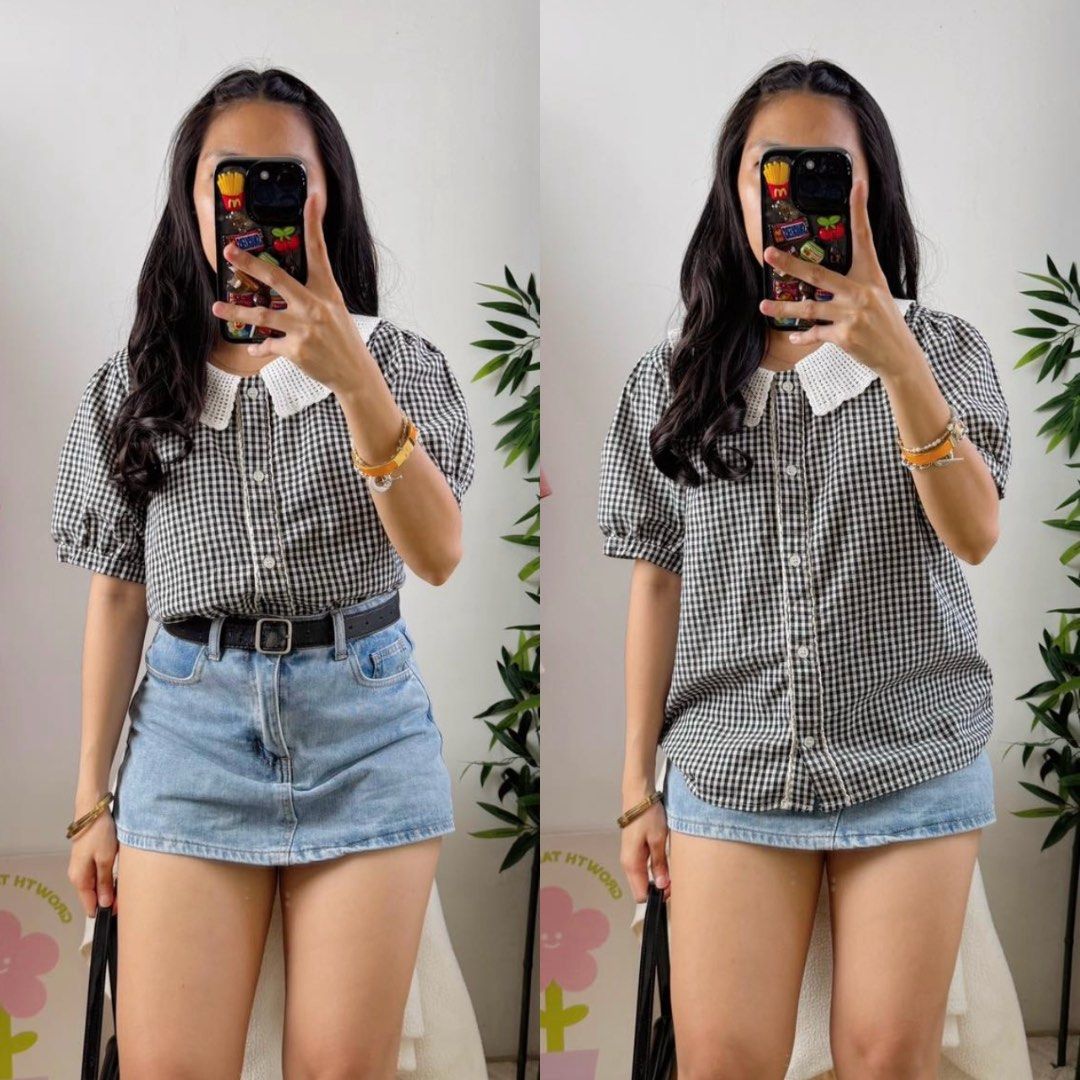 Black and White Gingham Puff Sleeve Top with Peter Pan Collar (Category: Blouses) located in Taguig. Submitted by cris_021 (Listing ID 1447051477, Image 1). Description: Can fit M-XL.