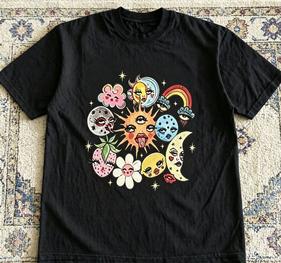 Black T-shirt with Celestial Graphic Print (Category: Tshirts & Polo Shirts) located in Benut. Submitted by weijie88_my (Listing ID 1447003232, Image 1). Description: - Black t-shirt with a fun celestial graphic - Features sun, moon, stars, clouds, and fruit design - Short sleeves and classic crew neck - Made from comfortable cotton material - Ideal for casual everyday wear.
