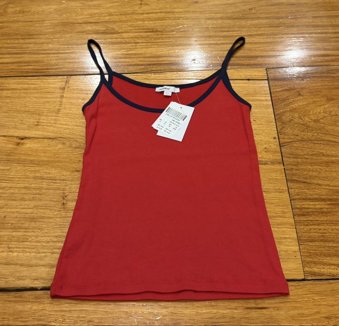 Brand New Red Blue Tank Top (Category: Sleeveless) located in Manila. Submitted by swag.maxxing (Listing ID 1446926049, Image 1). Description: - Vibrant red tank top - Stylish navy blue trim - Made in Turkiye - Brand new with original tags attached - Size: Medium (M) - Original purchase price: USD 18.00.