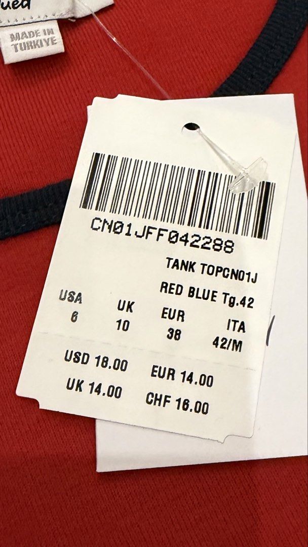 Brand New Red Blue Tank Top (Category: Sleeveless) located in Manila. Submitted by swag.maxxing (Listing ID 1446926049, Image 2). Description: - Vibrant red tank top - Stylish navy blue trim - Made in Turkiye - Brand new with original tags attached - Size: Medium (M) - Original purchase price: USD 18.00.