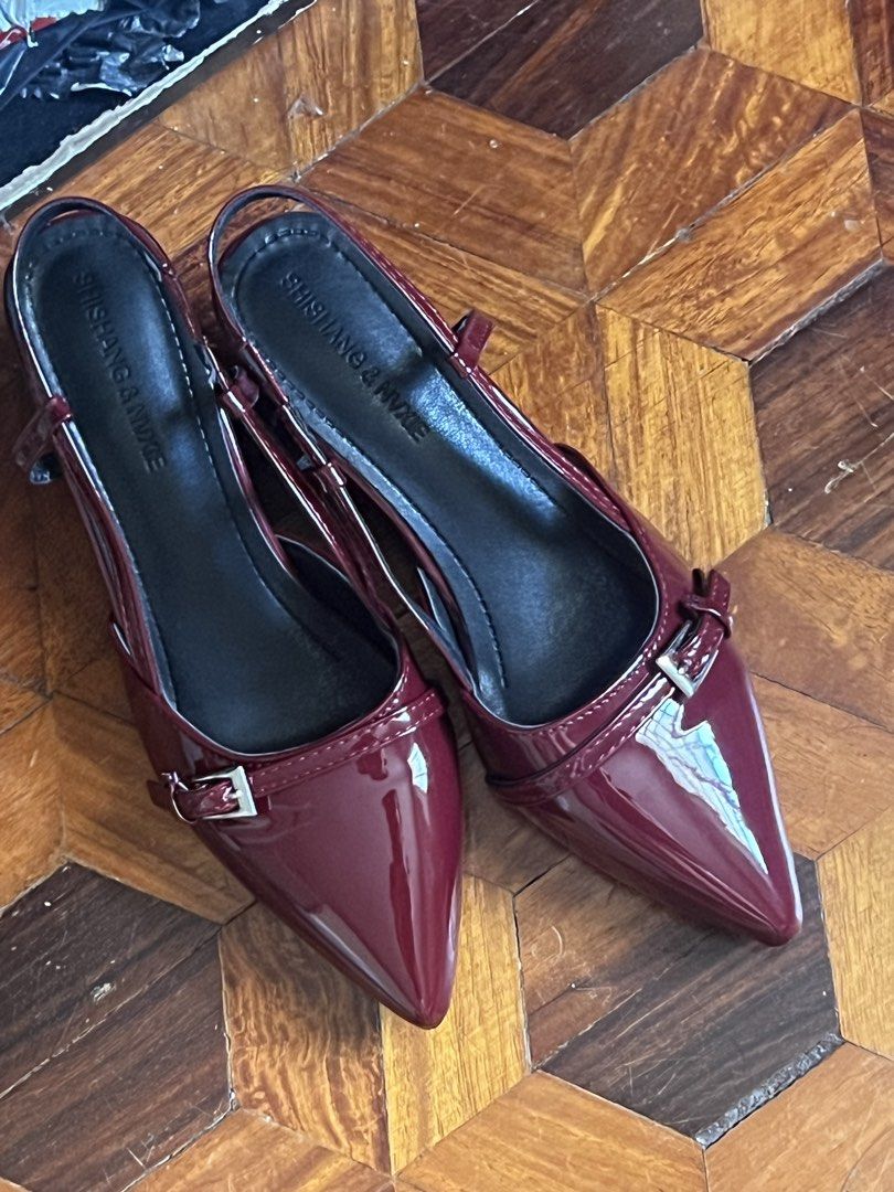 Burgundy Patent Pointed Toe Slingback kitten Heels (Category: Heels) located in Quezon City. Submitted by shadecluttersss (Listing ID 1447094487, Image 3). Description: - Chic burgundy patent slingback heels - Elegant pointed toe design - Stylish buckle detail - Comfortable for walking, perfect for all-day wear - Versatile: dress up or down for any occasion - Pre-loved, worn a few times, still in great shape.