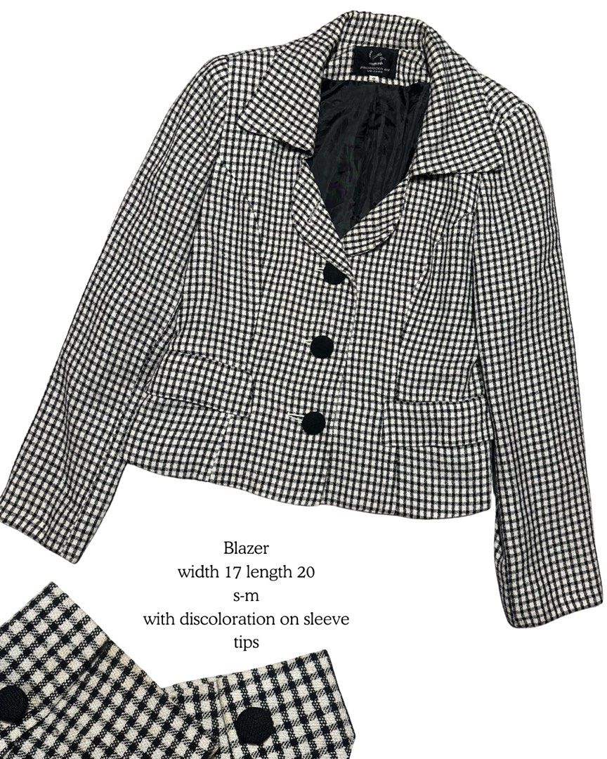 Checkered Blazer S-M (Category: Coats, Jackets and Outerwear) located in Legazpi City. Submitted by cessdeclutters (Listing ID 1446942278, Image 1). Description: - Classic black and white checkered blazer - Button front closure - Two functional pockets - Measurements: 17 inches wide, 20 inches length - Fits sizes S-M - Note: Slight discoloration on sleeve tips.