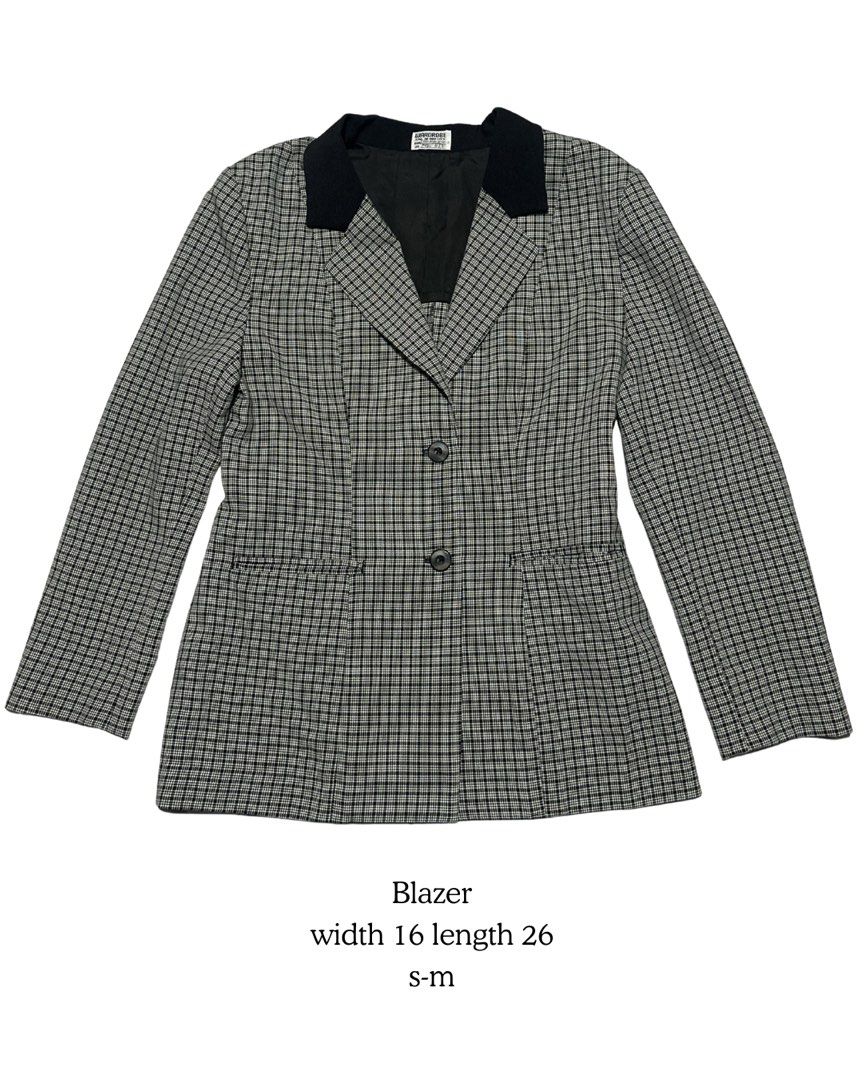 Checkered Blazer with Black Collar (Category: Coats, Jackets and Outerwear) located in Legazpi City. Submitted by cessdeclutters (Listing ID 1446942486, Image 1). Description: - Classic checkered blazer - Features a black collar - Two-button closure - Slightly cinched waist for a flattering fit - Old custom piece from the 90s.