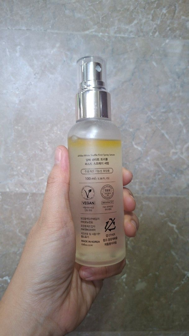 d'Alba Piedmont First Spray Serum 100ml (Category: Face Care) located in Manila. Submitted by grle8 (Listing ID 1446929029, Image 2). Description: d'Alba Piedmont First Spray Serum - 100ml bottle - Vegan formula - Boosts skin hydration and radiance - Achieves a dewy, glowing complexion - Convenient pump dispenser for easy application - Suitable for all skin types PreLoved still almost 90% left rfs: does not suit me price: 800 MOP Gcash SF buyer.