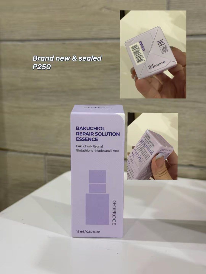 DEOPROCE Bakuchiol Repair Solution Essence 15ml (Category: Face Care) located in Quezon City. Submitted by _literaryfae (Listing ID 1446947413, Image 1). Description: - Brand New & Sealed DEOPROCE Bakuchiol Repair Solution Essence - Size: 15ml / 0.50 fl. oz. - Key Ingredients: Bakuchiol, Retinal, Glutathione, Madecassic Acid - Price: P250 Delivery via J&T, Gogo, Grab or Lalamove.