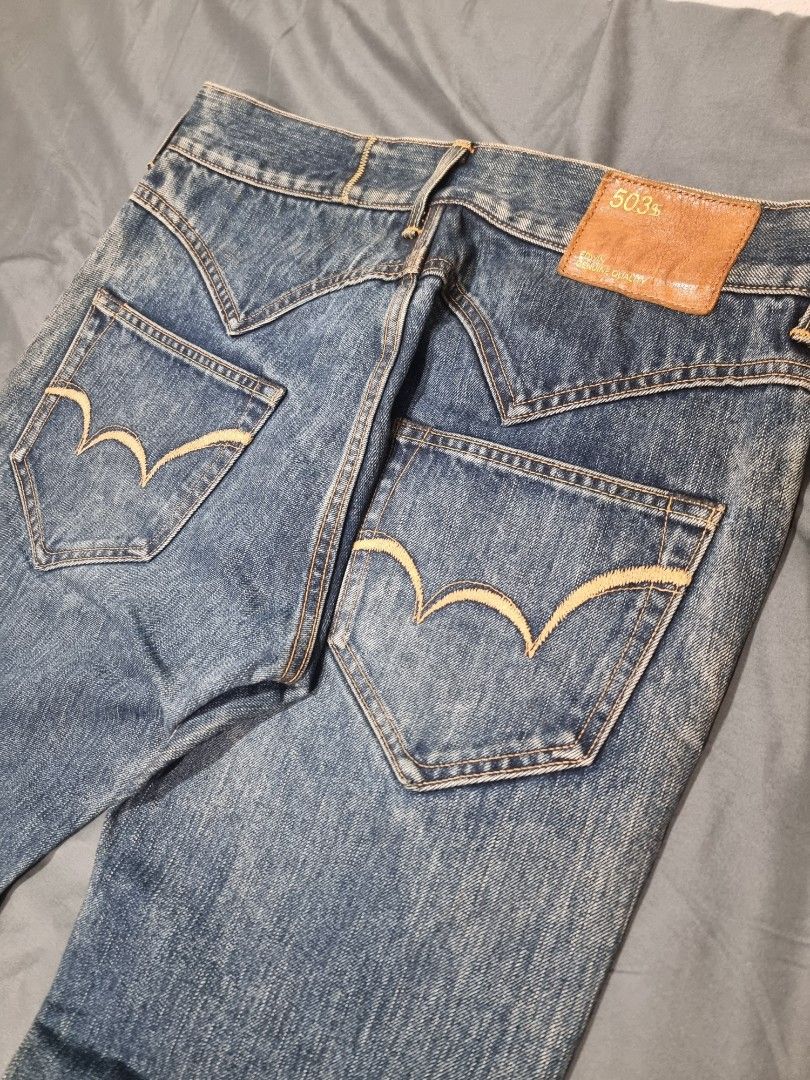 Edwin 503 Japanese Heritage Jeans (Category: Jeans) located in Manila. Submitted by cdoggg (Listing ID 1447056298, Image 3). Description: Edwin 503 Premium Line (Made in Japan) -Style: Authentic Japanese heritage workwear with beautiful vertical slub texture and factory-finished whiskering. -Specs: Heavy-duty 75% Cotton/25% Poly blend for lasting shape. -Condition: Excellent. Measurements: Waist 16.5" | Outseam 38" | Leg Opening 7.3"..
