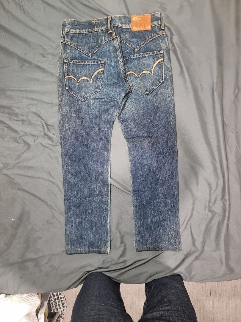Edwin 503 Japanese Heritage Jeans (Category: Jeans) located in Manila. Submitted by cdoggg (Listing ID 1447056298, Image 2). Description: Edwin 503 Premium Line (Made in Japan) -Style: Authentic Japanese heritage workwear with beautiful vertical slub texture and factory-finished whiskering. -Specs: Heavy-duty 75% Cotton/25% Poly blend for lasting shape. -Condition: Excellent. Measurements: Waist 16.5" | Outseam 38" | Leg Opening 7.3"..