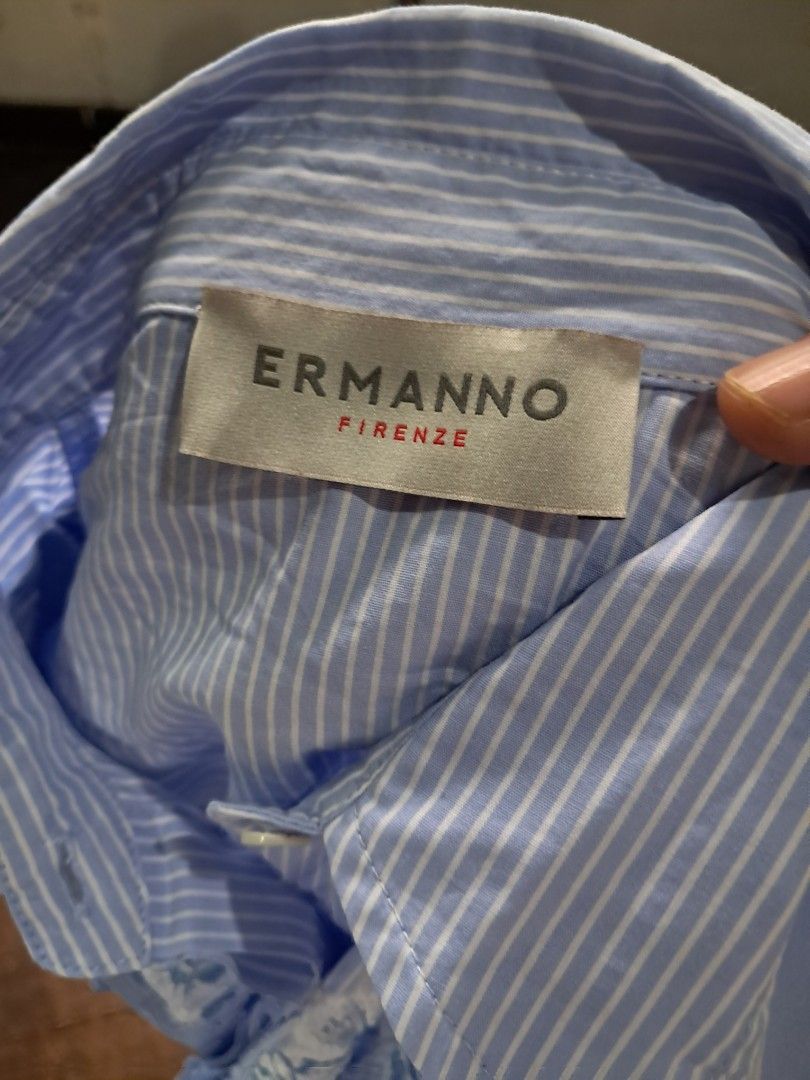 Ermanno Firenze Blue Striped Embroidered Shirt (Category: Shirts) located in Manila. Submitted by msaludo (Listing ID 1447012999, Image 2). Description: - Ermanno Firenze blue and white striped shirt - Delicate floral embroidery on the front - Button-up style - Made in Italy - Size: IT M (fits RU 44-46).