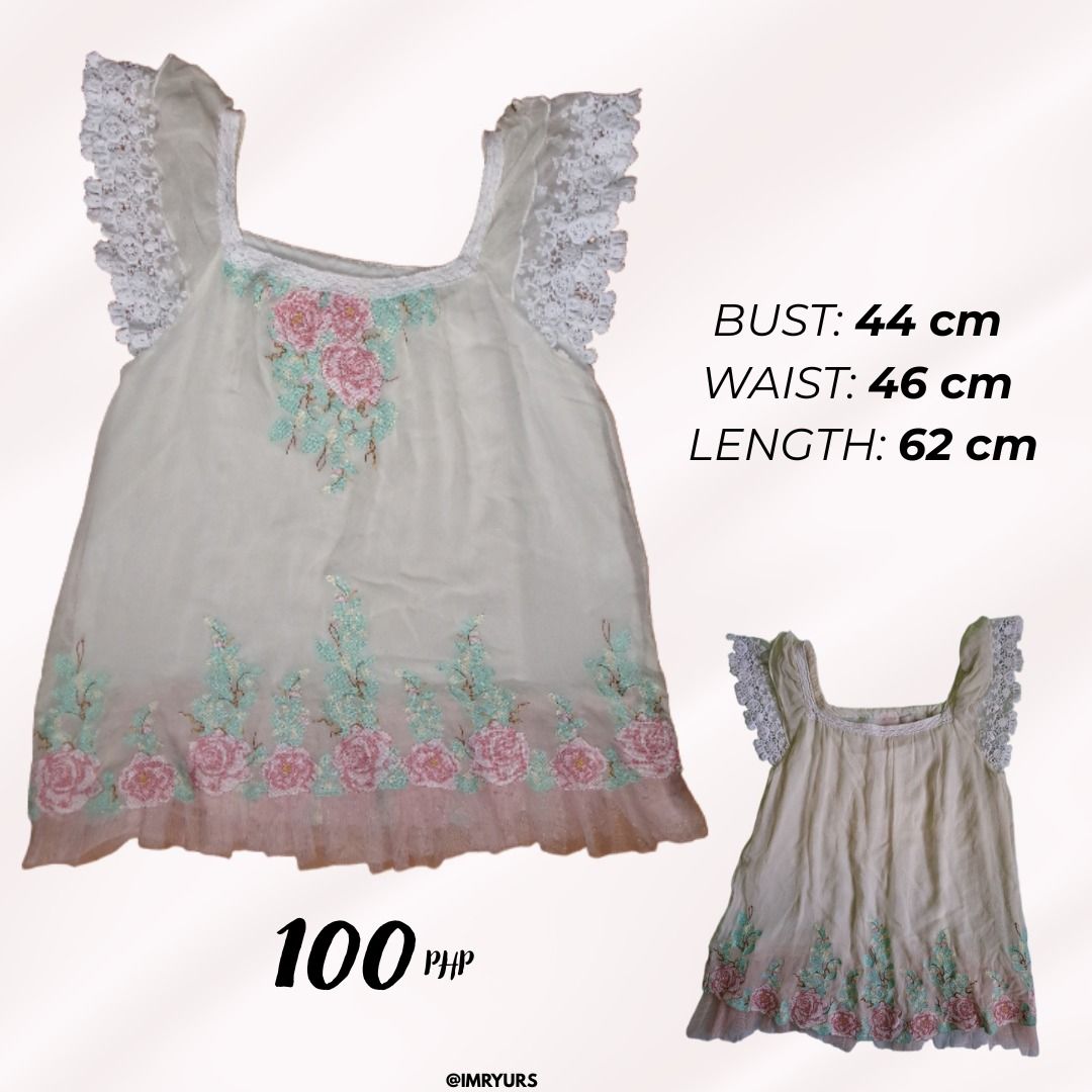 Floral Embroidered Blouse (Cream & Pink) (Category: Blouses) located in San Jose. Submitted by imryurs (Listing ID 1422778737, Image 1). Description: Disclaimer: Actual color may vary due to lighting or your screen. Bust: 45 CM Waist: 46 CM Length: 62 CM Flaws & Condition: Thrifted (online) but haven’t use it RFS: Decluttering MOP: Gcash MOD: Direct J&T/ LBC Starting price of shipping fee for J&T Express is 85 PHP. Location: North/Central Luzon .