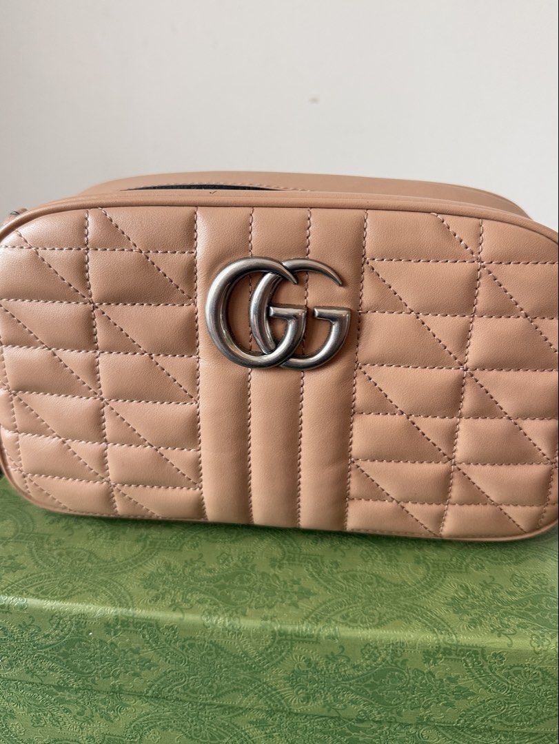 Gucci GG Marmont Matelassé Camera Bag (Category: Shoulder Bags) located in Makati City. Submitted by aesu24 (Listing ID 1446975193, Image 1). Description: Price: ₱38,000 Selling my Gucci GG Marmont Matelassé Camera Bag in Nude/Beige with silver-tone hardware. Condition: 9/10 * Exterior is in excellent condition * Clean corners with minimal signs of use * Hardware has light hairline scratches from normal wear * Interior has minor ink/color transfe