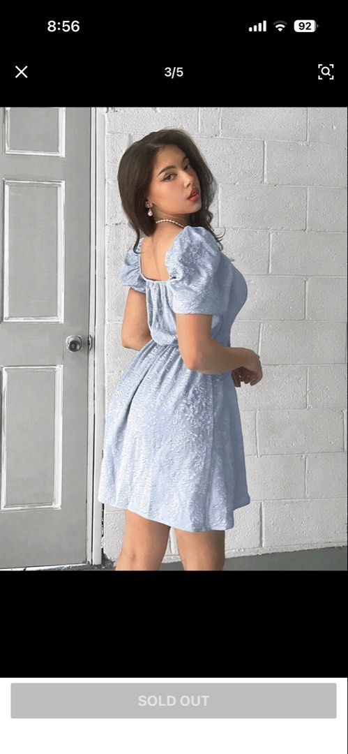 Light Blue Dress with Puff Sleeves (Category: Dresses) located in Manila. Submitted by misspcollections (Listing ID 1447043946, Image 2). Description: Light blue short dress. Used only once. Can fit up to semi-large. Quezon City area. Bought at 400+ pesos. .