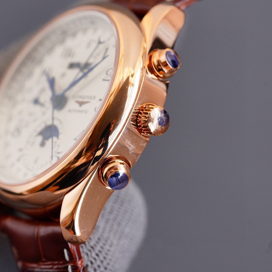 Longines Automatic Chronograph Moonphase Rose Gold Watch (Category: Luxury Watches) located in San Juan City. Submitted by kaprizrazm31221 (Listing ID 1446996105, Image 2). Description: - Longines automatic watch - Rose gold case - White dial - Chronograph complication - Moonphase complication - Brown alligator leather strap - Deployment clasp - Exhibition case back for viewing movement - Beautiful and intricate timepiece.