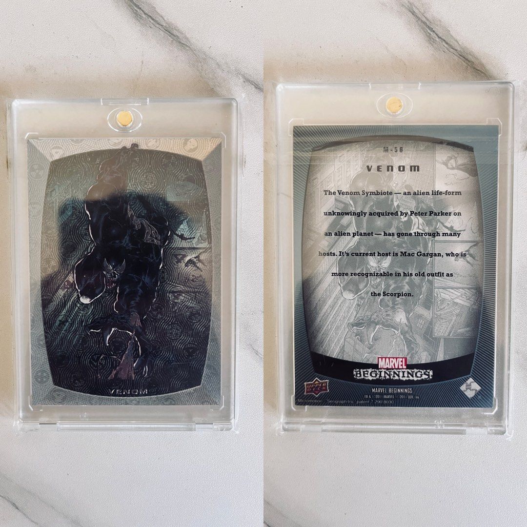 Marvel Beginnings Venom Trading Card (RARE) (Category: Raw Singles) located in Cavite. Submitted by _aele3 (Listing ID 1447022964, Image 1). Description: - Marvel Beginnings trading card featuring Venom - Details the origin of the Venom Symbiote and its hosts - Ideal for any Marvel fan or collector - Comes in a protective case.
