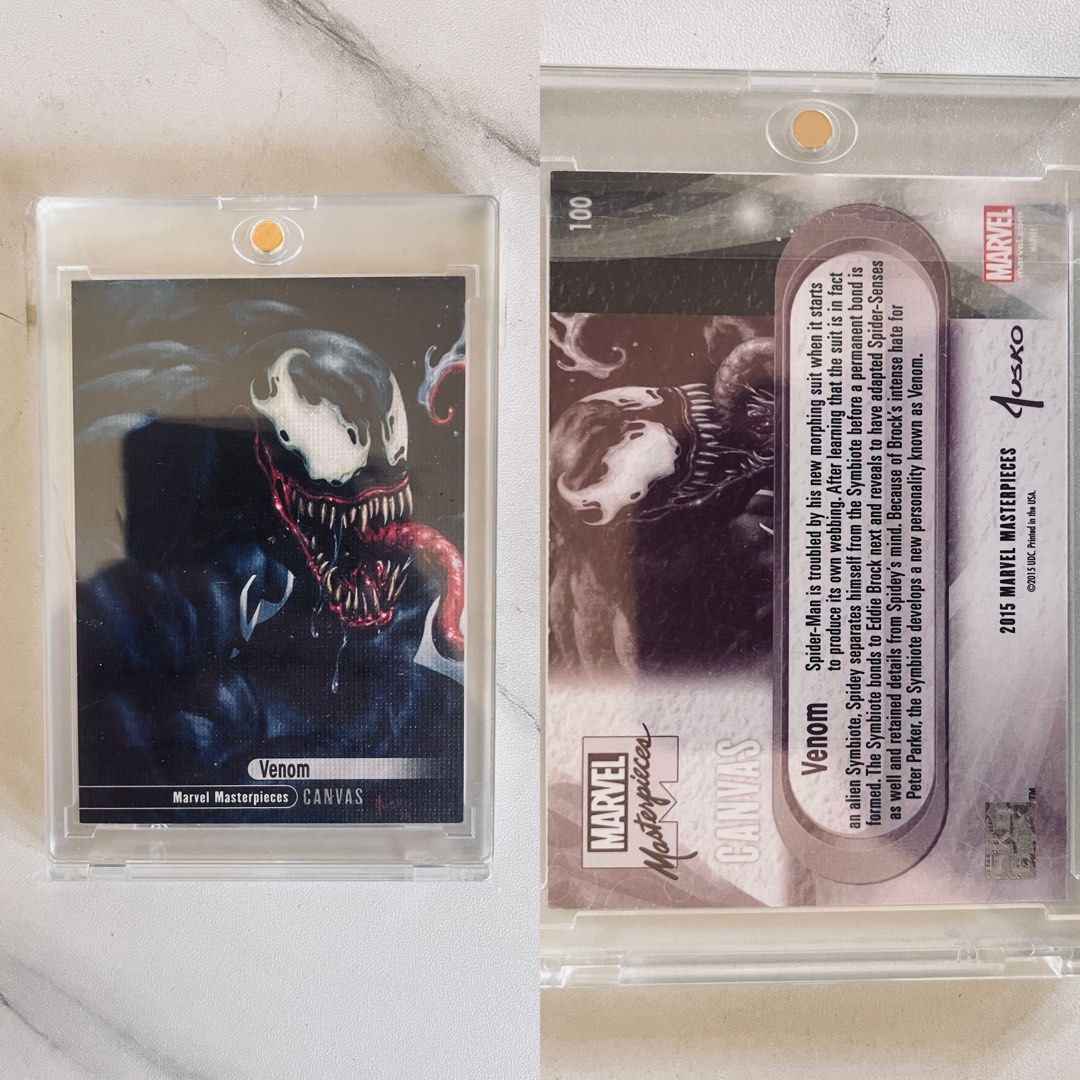 Marvel Venom Canvas Trading Card (Category: Raw Singles) located in Cavite. Submitted by _aele3 (Listing ID 1447022808, Image 1). Description: - 2015 Marvel Masterpieces Venom Canvas trading card - Features striking artwork of Venom - Back details Venom's origin story - Comes in a protective case - A must-have for any Marvel collector.