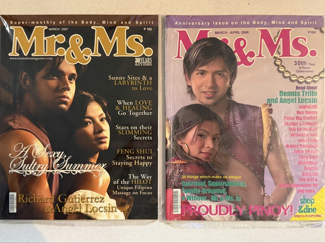 Mr. & Ms. Magazine Angel Locsin bundle (Category: Magazines) located in Pasay City. Submitted by gahaman02 (Listing ID 1446962832, Image 1). Description: - Two issues of Mr. & Ms. Magazine for sale. - March 2007 issue: Features Richard Gutierrez and Angel Locsin. Includes articles on summer, love, healing, slimming secrets, and Feng Shui. - March-April 2006 anniversary issue: Highlights Dennis Trillo and Angel Locsin. Features on Filipino culture