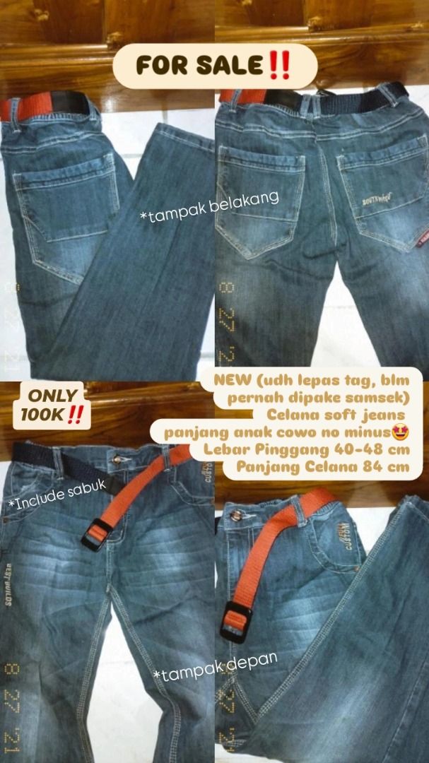 NEW-IMPORT JEANS ANAK LAKI-LAKI (Kategori: 8 hingga 12 tahun) berada di Surabaya. Dikirim oleh carefullycurated (ID iklan 1446931616, Gambar 1). Deskripsi: New import jeans anak laki, lepas tag tp ga pernah dipake, kualitas barang import jgn diraguin deh. Lain2 sesuai deskripsi di foto yaa Foto detail inbox aja, nego tipizz.