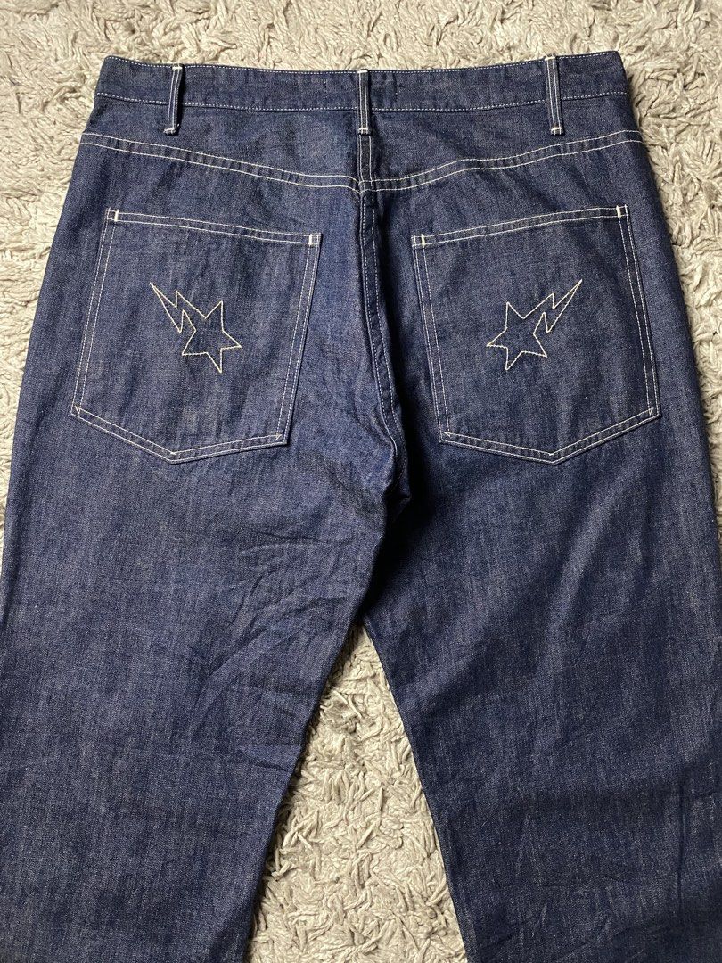 OG VINTAGE BAPE STA DENIM PANTS (Category: Jeans) located in Manila. Submitted by hippiesph (Listing ID 1447072983, Image 2). Description: OG BAPE STA - small embroidery star denim pants Authentic Excellent condition Size: Medium on tag Dimes: 34 waistline , 43 length , 8 leg opening Price: 4,899 + sf.