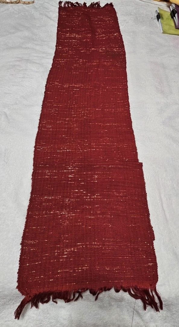 Red Woven Table Runner (Category: Table Linen & Textiles) located in Caloocan City. Submitted by rm.diaz (Listing ID 1446988586, Image 1). Description: - Long red table runner - Woven texture - Fringe on both ends - Subtle shiny threads woven in - Measures: 70 inches long and 13 inches wide - Ready for a new home!.